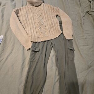 Max Studio Kids Beige Ribbed Sweater And Army Green Pants Adorable Fall Outfit